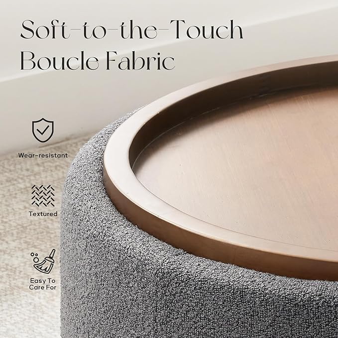 30 Inch Round Storage Ottoman Coffee Table, Modern Boucle Ottoman with Lift-Off Lid and Solid Wood Legs for Living Room, Bedroom, Corners, Apartments (Grey)
