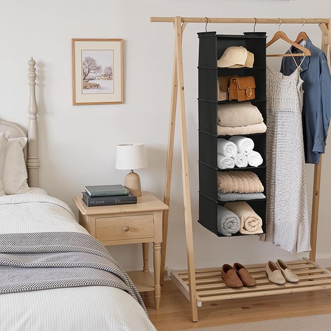 GRANNY SAYS 6 Shelf Hanging Closet Organizers and Storage, Collapsible Closet Hanging Organizer with 2 Sturdy Hooks, Large Hanging Shelves for Weekly Clothes Organizer, Black-NeatNest