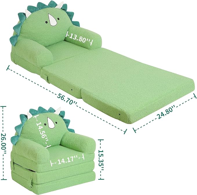 Foldable Kids Sofa, Triceratops Toddler Couch with Tri Folding Foam Cushions, Comfy Kids Couch for Age 3-6-NeatNest