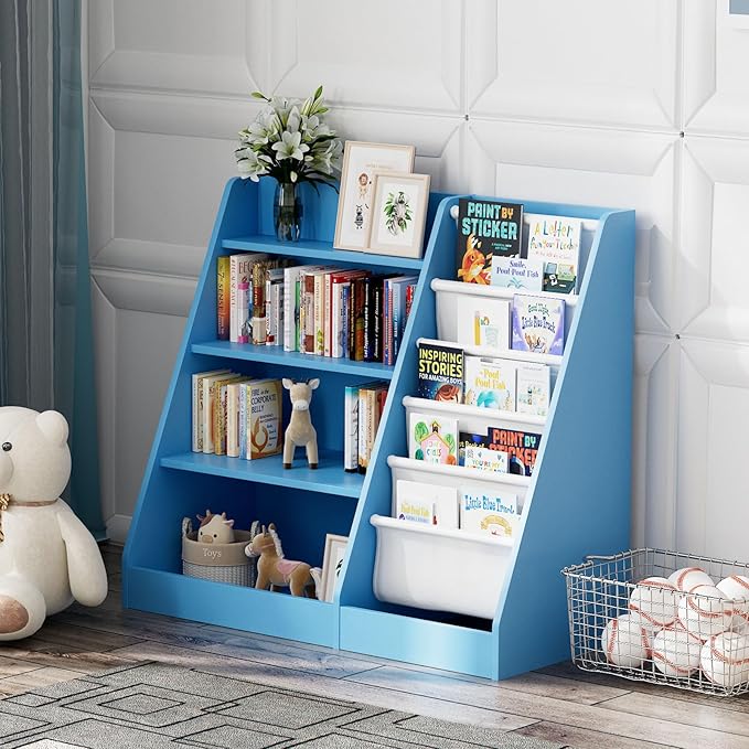 Blue 4 Tier Kids Wooden Bookshelf,Five Layer Sling Bookcase,Baby Storage Book Rack,Child Book and Toy Organizer Cabinet Chest,Toddler Book Display Playroom Kids Room Bedroom Classroom Nursery Library-NeatNest