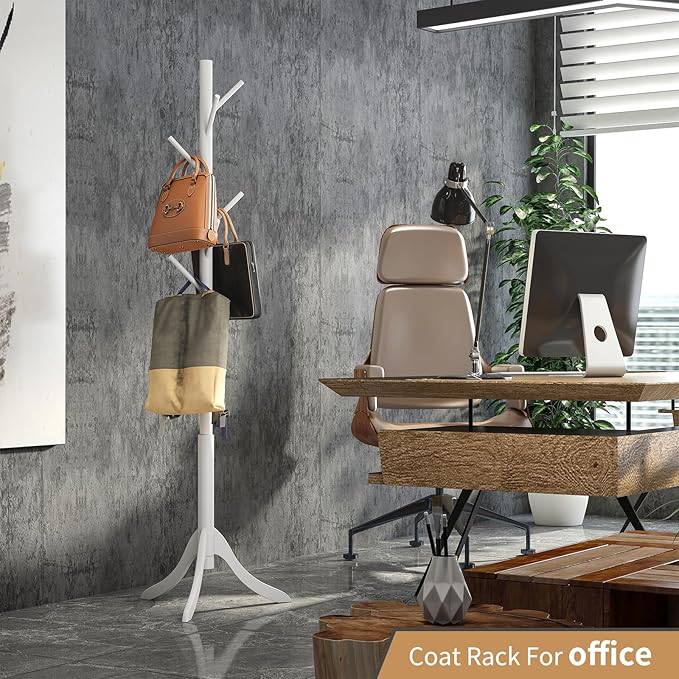 Coat Rack Freestanding, Coat Stands Entryway, Bamboo Coat Rack Hat Hanger 8 Hook for Jacket, Purse, Scarf Rack, Umbrella Tree Stand (White)-NeatNest