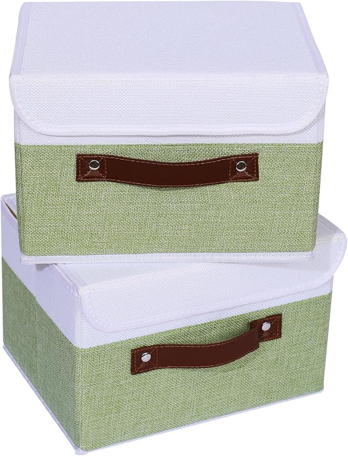 ANMINY 4PCS Storage Boxes with Lid Washable Decorative Storage Bins Basket with PU Leather Handle Foldable Linen Fabric Storage Cubes Containers for Home Closet Organizer - Green White, Small Size-NeatNest