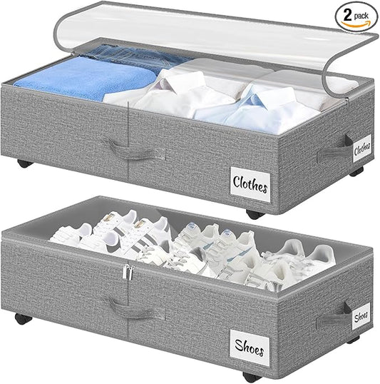 2 Pack Under Bed Storage with Wheels 6.7" Height, Rolling Storage Bins XL 50L, Underbed Shoe Storage Containers with Label & Clear Lid, Dorm Under bed Drawers for Clothes, Shoes, Quick Assembly, Grey-NeatNest