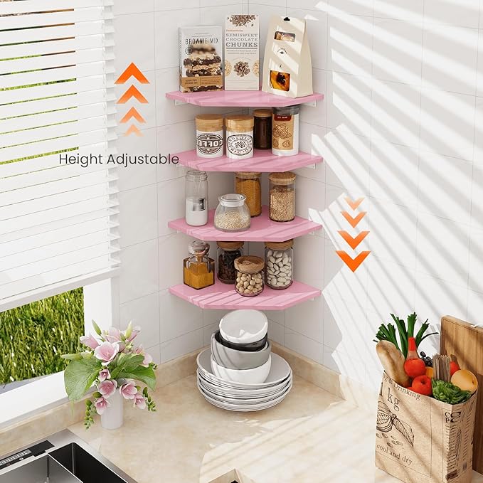 Homode Corner Shelf Wall Mount, Set of 4 Corner Floating Shelves, Wood Hanging Storage Shelving with Cord Hole, Wall Shelf Organizer for Bathroom Bedroom Living Room Office, Pink-NeatNest