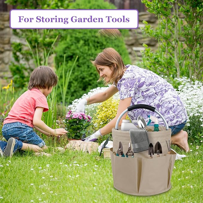 17L Cleaning Supply Caddy with Soft Handle, Portable Shower Caddy in 600D Oxford Fabric, Garden Tool Organizer Bag, Multifunctional Storage Basket for Bathroom, Garden, Khaki-NeatNest