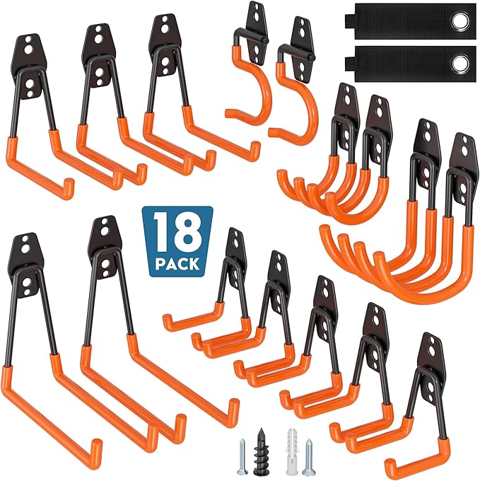 BONTEC Heavy Duty Garage Hooks, Anti-Slip Coated Black Steel with Strong Load Capacity, Multi-Sized U and J Hooks, Easy Wall Mount for Garage, Garden, Workshop (Orange, 18 Pack)-NeatNest