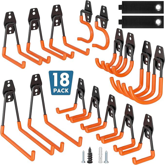 BONTEC Heavy Duty Garage Hooks, Anti-Slip Coated Black Steel with Strong Load Capacity, Multi-Sized U and J Hooks, Easy Wall Mount for Garage, Garden, Workshop (Orange, 18 Pack)-NeatNest
