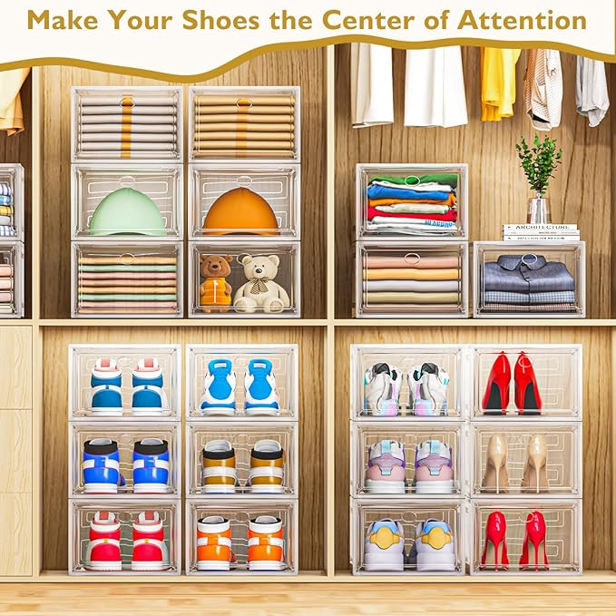 12 Pack Clear Shoe Storage Organizer with Magnetic Door,Stackable Plastic Shoe Boxes for Sneakers,Boots,and Heels,Space-Saving Foldable Shoe Rack for Closet,Durable Shoe Cabinet Organizer,White-NeatNest