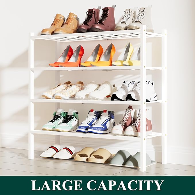 Smiry Shoe Rack, 4 Tier Bamboo Shoe Organizer, Stackable Free Standing Wooden Shoe Storage Shelf for Closet, Entryway, Front Door Entrance, White-NeatNest