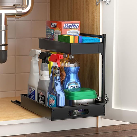 Sorbus Under Sink Organizer with Sliding Tracks – Pull Out Cabinet Organizer with Drawer & Installation Rails – Under Cabinet Bathroom Storage Organizer for Kitchen, Pantry, or Vanity –Black 1 Pack-NeatNest