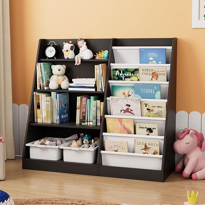 Black Kids Bookshelf Wood Toy Storage Organizer Cabinet Children Bookcase Toddler Baby Sling Book Rack Adjustable Shelf for Playroom Bedroom Nursery Hallway School Kindergarten-NeatNest