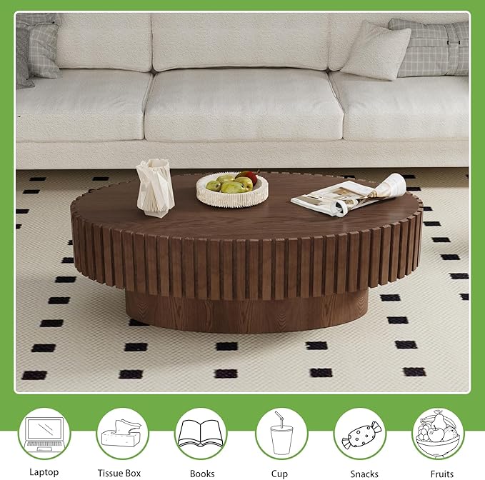Handmade Oval Grooved Drum-Shaped Coffee Table、Rustic Modern Circular Centerpiece for Living Room & Farmhouse Decor、Easy to Clean (C Walnut 43in)