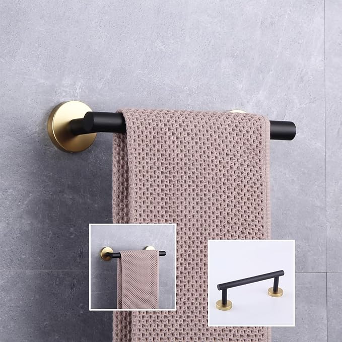 GERZWY 9-Inch Bath Towel Bar Modern Round Style Bathroom Towel Bar SUS 304 Stainless Steel Wall Mount (Black & Gold) AG1101C23-BD