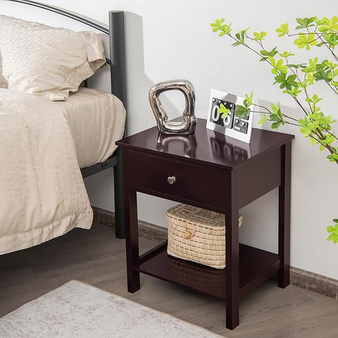 Giantex Nightstand, Wood End Table with Drawer and Open Shelf, Night Stand for Small Spaces, 2-Tier Bedside Table for Living Room Bedroom Dorm, Easy Assembly, Brown