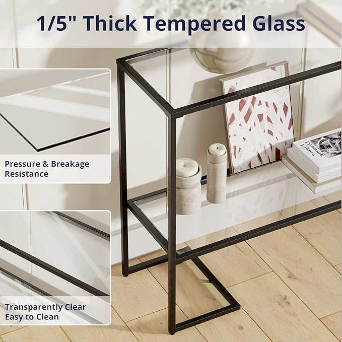 Cozy Castle 52" Console Table, 2-Tier Narrow Tempered Glass Sofa Table with Metal Frame for Living Room, Hallway, Bedroom, Black-NeatNest