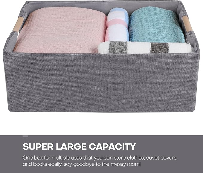 ANMINY 4PCS Storage Baskets for Organizing Collapsible Fabric Storage Bins Boxes with Wood Handles Closet Shelves Cube Organizer Bins Clothes Laundry Storage Container - Small, Gray-NeatNest