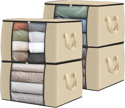 Fab totes 4 Pack Clothes Storage, Foldable Thick Fabric Blanket Storage Bags, Containers for Organizing Bedroom, Closet, Clothing, Comforter,Organization with Handle,Beige-NeatNest