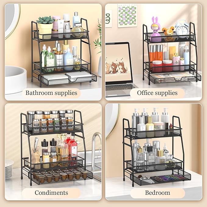 2-Tier Bathroom Organizers and Storage with Drawer, Bathroom and Makeup Organizer Countertop, Easy to Install, Ideal for Bathroom Storage, Vanity, Large Skincare, Perfume, Present, and More,Black