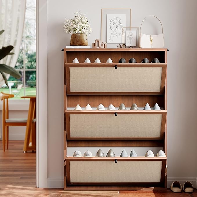 AVZEAR Narrow Shoe Storage Cabinet for Entryway with Natural Linen Panel, Freestanding Slim Shoe Cabinet with 3 Flip Drawers, Wood Shoe Organizer Closed Shoe Rack for Hallway, Living Room(Walnut)-NeatNest