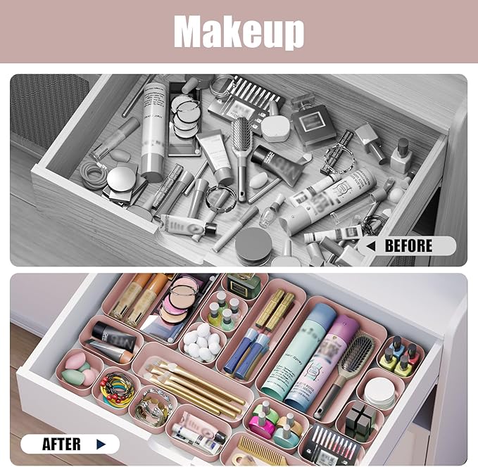 Plastic Drawer Organizers, 18 PCS Bathroom Drawer Organizer Bins, Desk and Vanity Organizer Plastic Tray, Makeup organizer and storage for Bedroom, Kitchen Gadgets Utensils and Office (Pink)-NeatNest