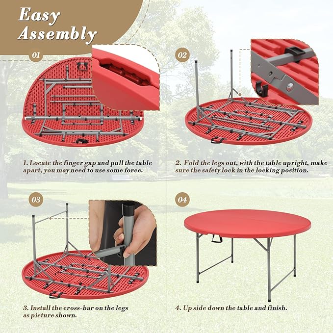 Athena Collection 5 ft Plastic Folding Dining Table, Large Foldable Round Card Table Portable with Carry Handle Heavy Duty Fold-in-Half for Indoor Outdoor Party Camping, Red-NeatNest