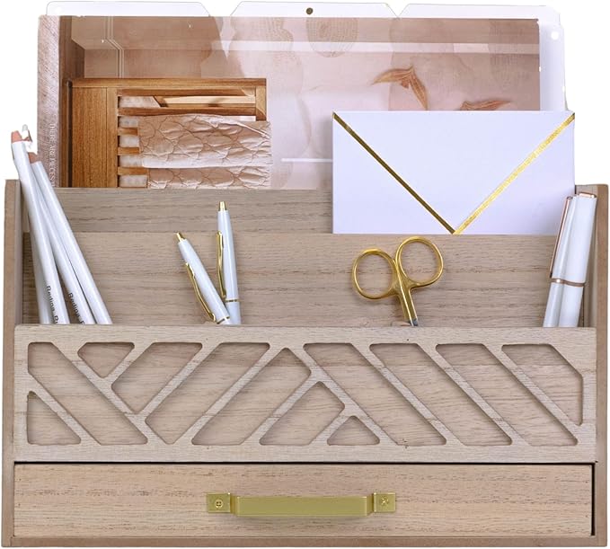 BLU MONACO Natural Mail Organizer with Drawer and Gold Handle – Desktop Mail Holder and Office Supplies Storage – Home Office Desk Accessories – Letter Sorter and Paper Organizer-NeatNest