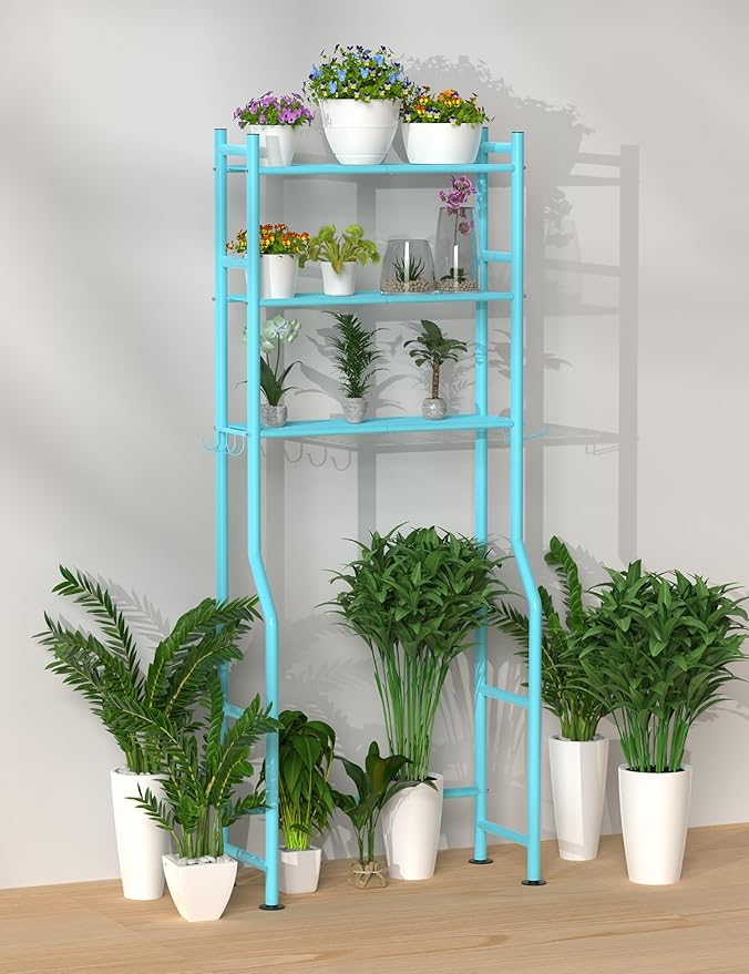 3-Tier Over The Toilet Storage, Freestanding Metal Bathroom Shelves with 4 Hooks, Over Toilet Storage Shelf with Paper Holder, Above The Toilet Shelf for Bathroom Storage, Blue-NeatNest