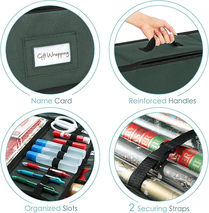 Hearth & Harbor Wrapping Paper Storage Container with Ribbon Storage Organizer - Christmas Storage Bag with Extra Interior Pockets - Gift Wrapping Organizer Storage Fits Up to 26 Rolls of 40" Length-NeatNest