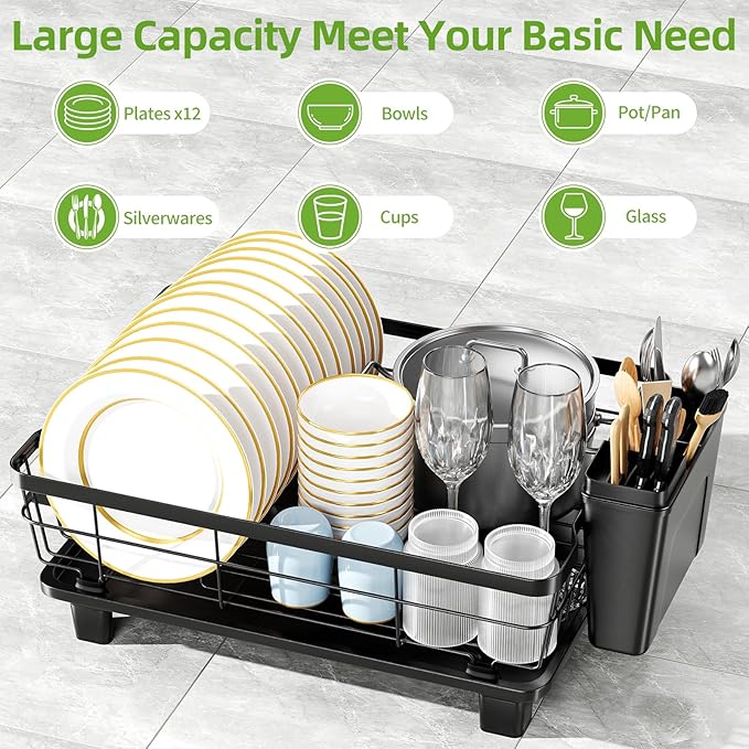 Small Dish Drying Rack, Space Saving Dish Racks for Kitchen Counter, Kitchen Organizer Dish Drainer with Cutlery Holder for Spoons and Forks, 11''W x 15''L, Black