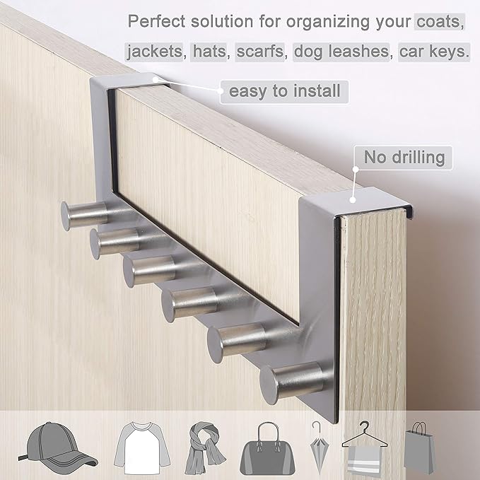 WEBI Over The Door Hooks Door Hanger,Over The Door Towel Rack with 6 Peg Hooks for Hanging,Over Door Coat Rack for Clothes,Back of Bathroom,Silver