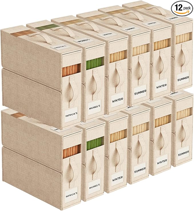 12Pack Sheet Organizers and Storage with Handles – Foldable Linen Closet Storage for King & Queen Sheet Sets – Clear Window & Removable Labels – Dustproof & Space-Saving Design, Beige-NeatNest
