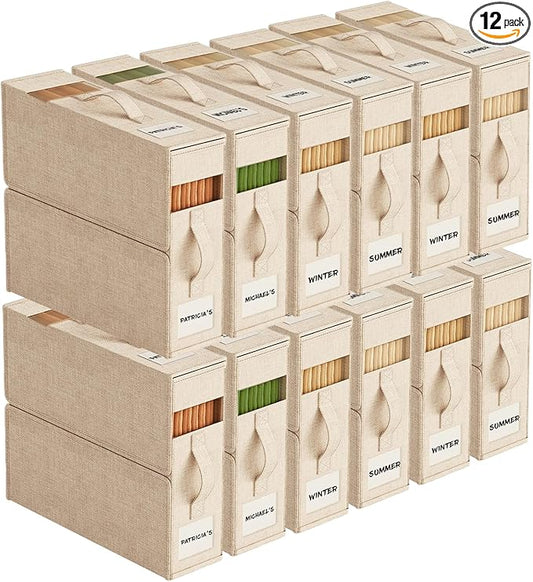12Pack Sheet Organizers and Storage with Handles – Foldable Linen Closet Storage for King & Queen Sheet Sets – Clear Window & Removable Labels – Dustproof & Space-Saving Design, Beige-NeatNest