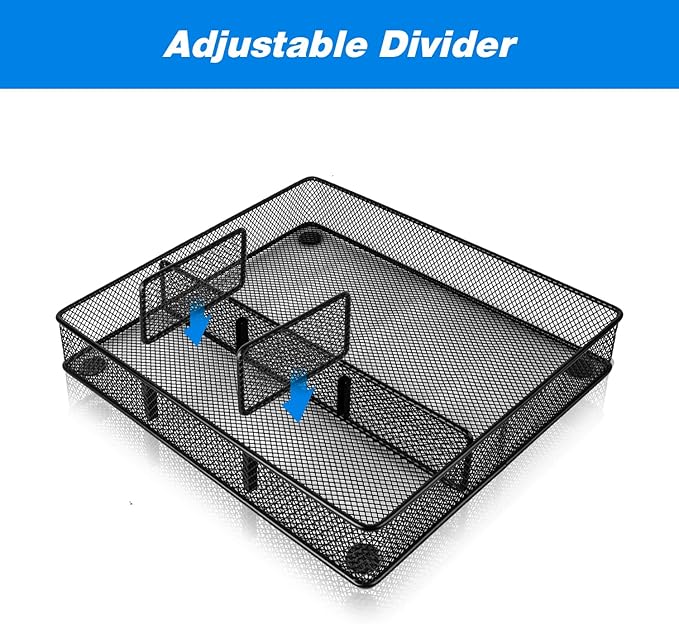 Desk Drawer Organizer Tray, Metal Mesh Drawer Organizers Office, 4 Grid with Adjustable Compartment, Desk Organizer Tray for Home Office 12x10.6x1.9 inch Black, 2 Pack-NeatNest