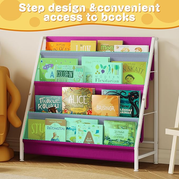 Book Shelf for Kids Rooms, Pink Montessori Bookshelf Nursery Book Shelves Toddler Children Bookshelf Metal Kid's Book Storage Organizer for Girls Room Furniture Playroom Kindergarten-NeatNest