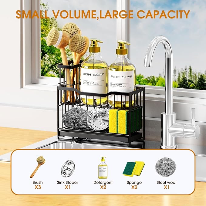 2-Tier Kitchen Sink Caddy with High Brush Holder&Self-Draining Tray,Rustproof&Non-Slip Sink Sponge Holder,Kitchen Countertop Storage Organizer,Soap Dispenser Storage - Black-NeatNest