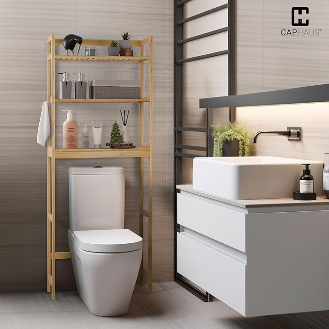 CAPHAUS Over The Toilet Storage Rack, 3-Tier Bamboo Bathroom Organizer Shelf Rack with Adjustable Feet &Hooks, Freestanding Toilet Shelf, Bathroom & Laundry Organizer, Balcony Plant Stand, Natural-NeatNest