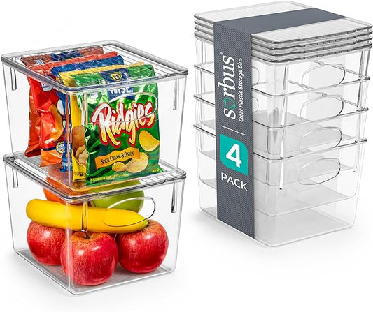 Sorbus Medium Plastic Storage Bins with Lids - Kitchen, Pantry, Refrigerator Organizer Bins - Clear, 4 Pack