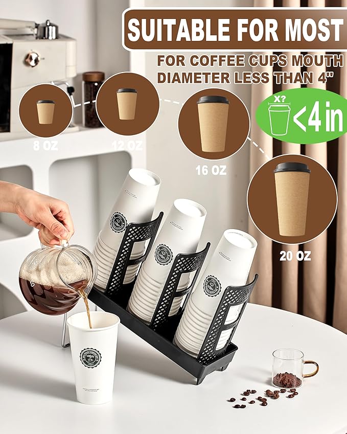 Coffee Cup Holder,Cup and Lid Dispenser with Stand,Disposable Cups Organizer,3 Slots,for Coffee Station,Bar,Office,Home,Restaurant,Breakroom,Countertop-NeatNest