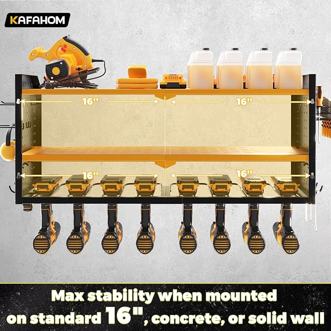 KAFAHOM Power Tool Organizer,Large 8 Drill Holder Wall Mount with 2 Side Pegboards,Metal Tool Shelf with 12 Hooks,Storage Rack for Garage Organization,Utility Cordless Drill Holder - Yellow