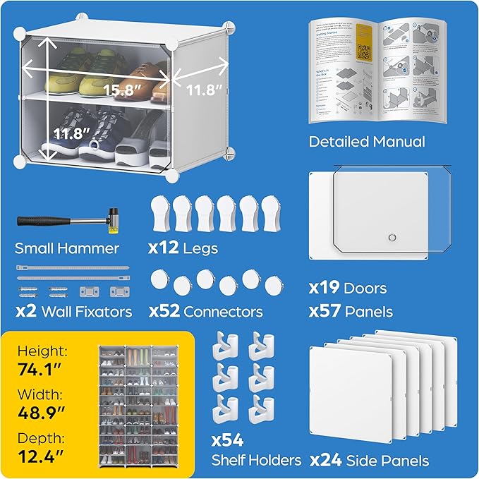 Shoe Organizer Cabinet Up to 72 Pairs, Shoe Closet-Covered Shoe Rack with See-Through Door (Clear, Plastic, Stackable) Cubby Portable Shoe Organizer with Covers, Hooks & Pockets, White-NeatNest