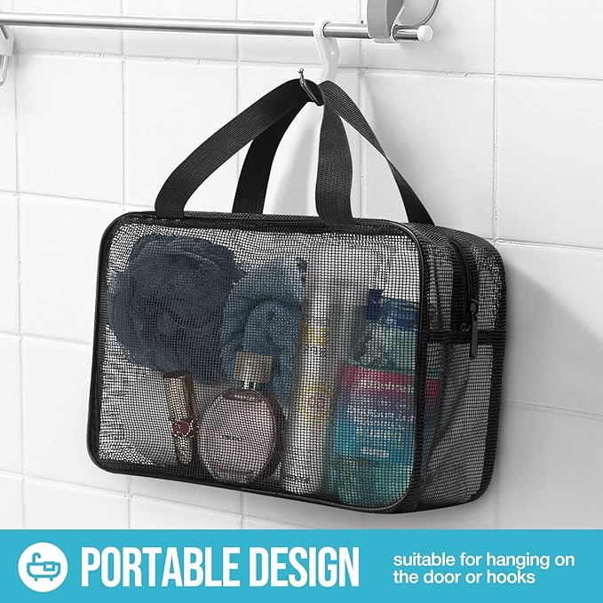 Mesh Shower Caddy Mash Shower Bag Black Portable Mesh Accessories Organizer Tote for Gym College Dorm Room (Black-Large)-NeatNest