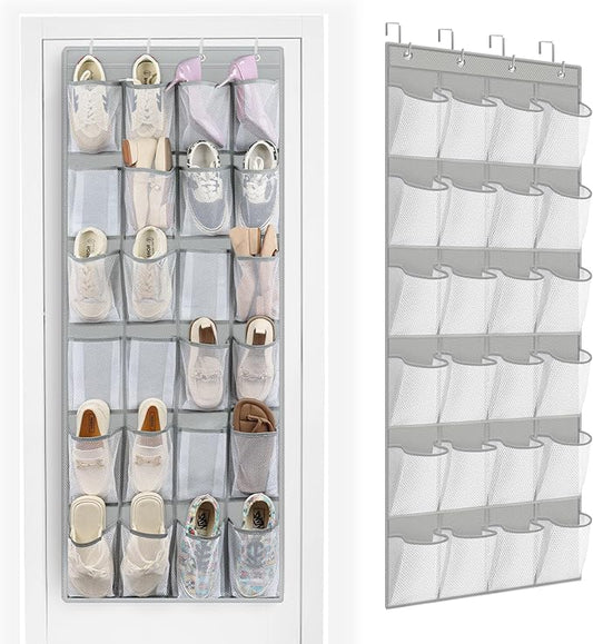 FENTEC 24 Pockets Over the Door Shoe Organizer Hanging Shoe Organizer for Closet, Space Saving Mesh Large Pocket Shoe Storage and Organizer, Shoe Holder for Apartments Garages, Grey 1 Pack-NeatNest