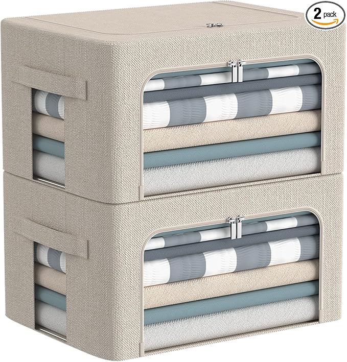 Clothes Storage Bins Box - Linen Fabric Foldable Stackable Container Organizer Set with Clear Window & Carry Handles & Metal Frame - 2Pack Large Capacity for Bedding, Blankets, Books-NeatNest