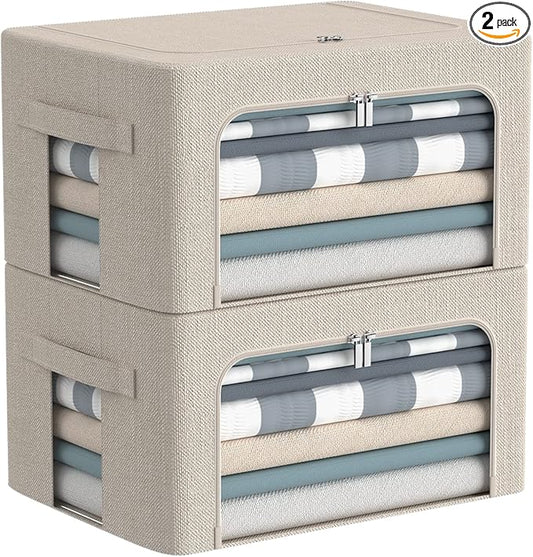 Clothes Storage Bins Box - Linen Fabric Foldable Stackable Container Organizer Set with Clear Window & Carry Handles & Metal Frame - 2Pack Large Capacity for Bedding, Blankets, Books-NeatNest