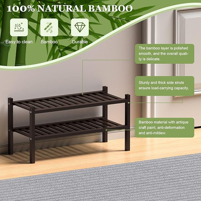 2 Tier (Thick) Bamboo Shoe Rack for Closet Free Standing Wood Shoe Shelf for Entryway Small Space Stackable 27"x12"x14" (Black Brown)-NeatNest