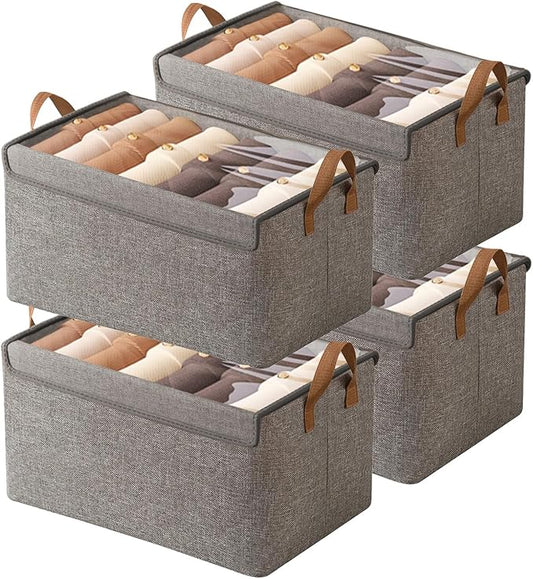 AARAINBOW Closet Clothes Organizer Bins 4 Pc, Fabric Box Storage Shelf Bins Stackable, Foldable Closet Shelf Storage Container with Lid, Fabric Storage Bin with Steel Frame, 23L (4 Gray with Lid)-NeatNest