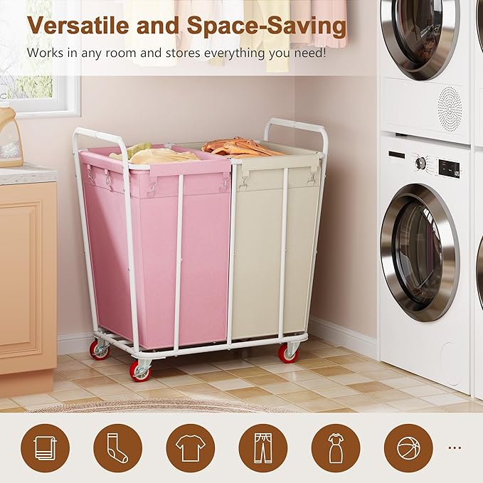 Hoctieon 2 Section Laundry Sorter Cart, 400L Rolling Hamper with Wheels, Industrial Laundry Basket Organizer, Extra Large Dirty Clothes Hamper for Home & Hotel, Heavy Duty, Pink+Beige-NeatNest