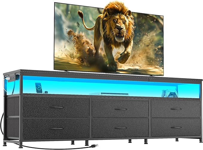 Huuger 63 Inch TV Stand for 55, 65, 70 Inch TV, Long Dresser TV Stand for Bedroom, Black LED TV Stand with Power Outlets, Fabric Drawer Dresser with Storage, Entertainment Center for Living Room-NeatNest