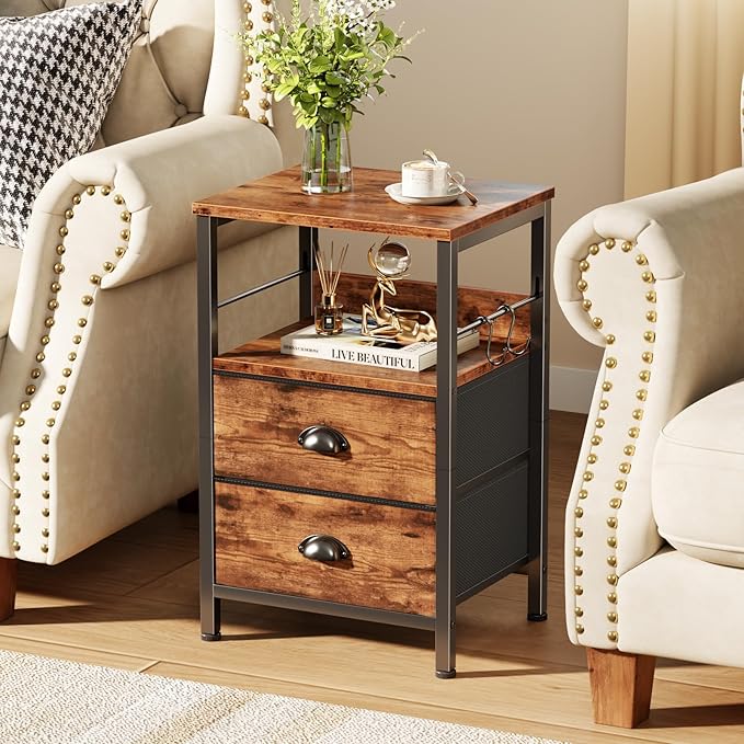 Furologee Nightstand with 2 Fabric Drawers, Night Stand with 2-Tier Shelf, Bedside Table with Hooks,Open Wooden Shelf, End Table for Bedroom, Living Room, Backboard Design, Metal Frame, Rustic Brown