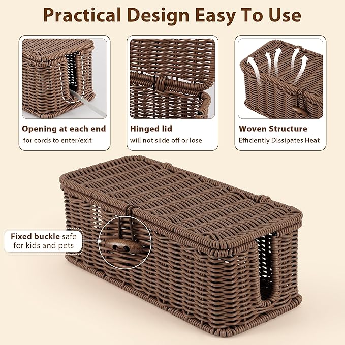 Cable Management Box, Handwoven Faux Rattan Cord Organizer Box with Lid, 2 Open Slots Cable Organizer Box, Decorative Cord Hider Box for Tv Computer USB Hub & Power Strip Holder
